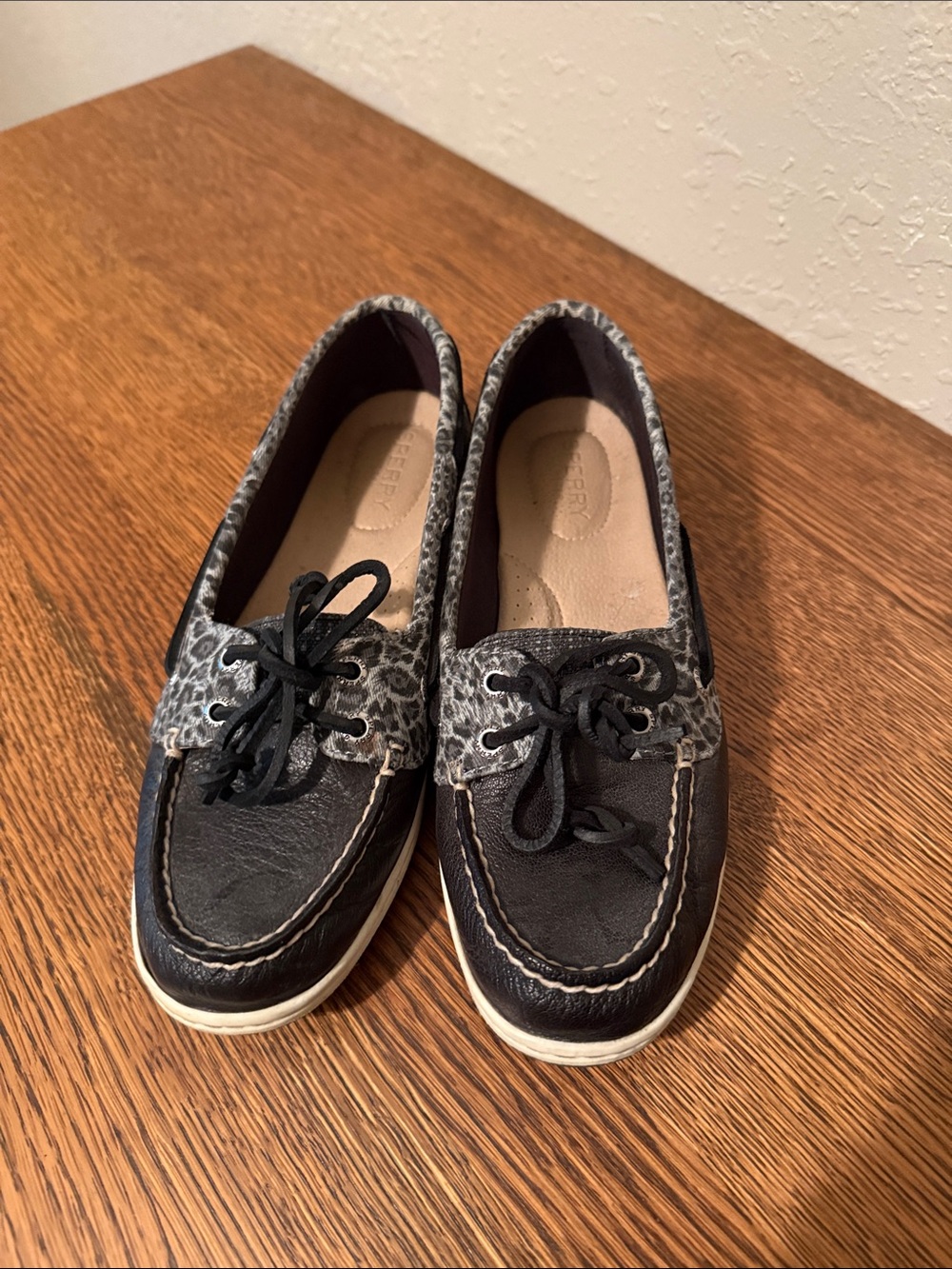 Sperry Black Boat Shoes with Gray Leopard Trim